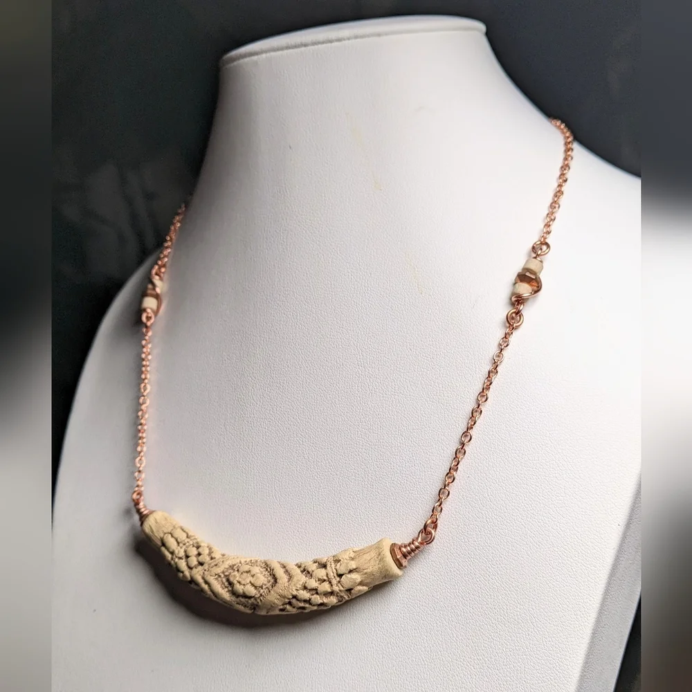 Vintage Embossed Ceramic Bar Necklace Artisan Crafted Jewelry Pure Copper Chain - Picture 3 of 16